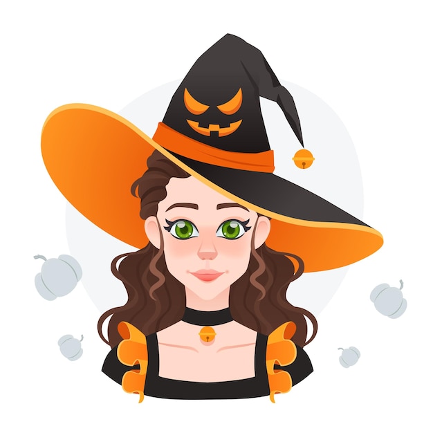 Halloween magician girl in big hat with angry face Fairy tale girl Pretty funny witch avatar for game and advertising