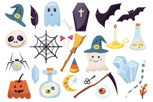 Halloween mega set in graphic flat design Bundle elements of witch cap raven feather ghost coffin bat pumpkin fly agaric broom candle potion and other Vector illustration isolated stickers