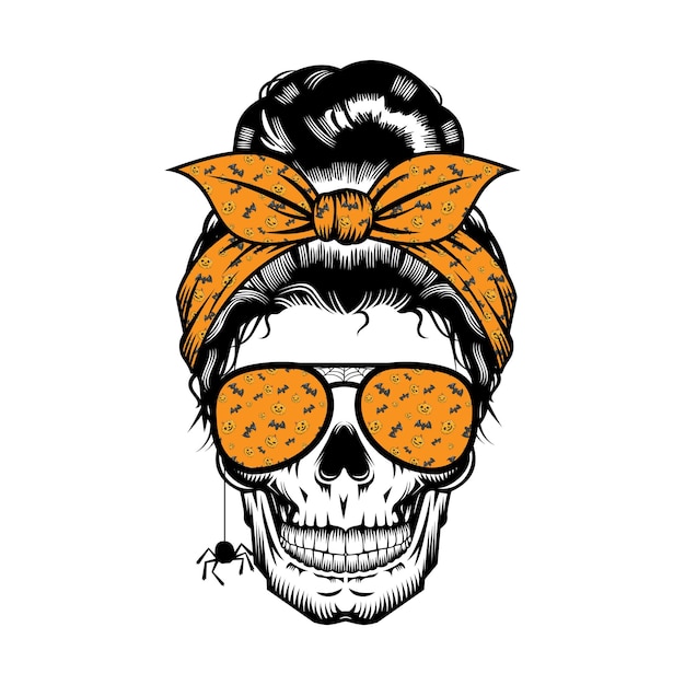 Halloween Messy Bun Skull With Pumpkin and bat Pattern