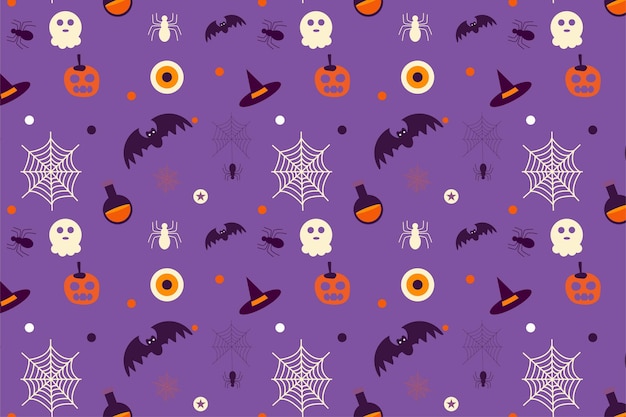 Halloween minimal pattern decoration for book covers and backgrounds Halloween spooky element pattern decoration with scary bats and ghosts Halloween seamless pattern vector on a purple background