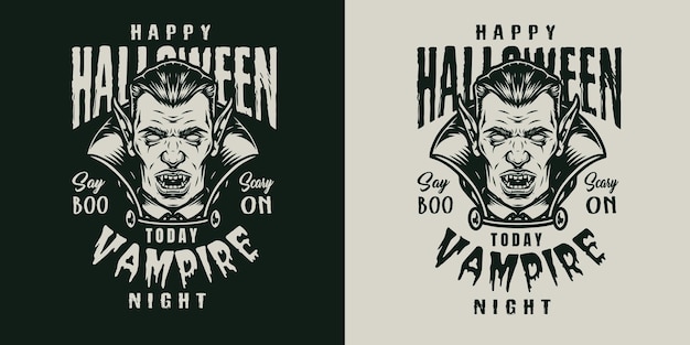 Halloween monochrome label in vintage style with scary vampire head