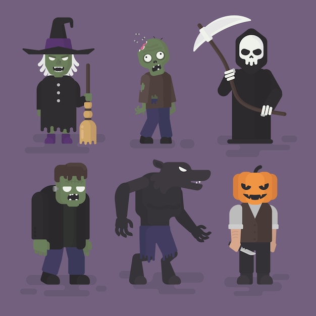 Halloween Monster Costumes Set in Flat Design, Halloween Character Illustration, Witch, Zombie, Reaper, Frankenstein, Werewolf, and Pumpkin