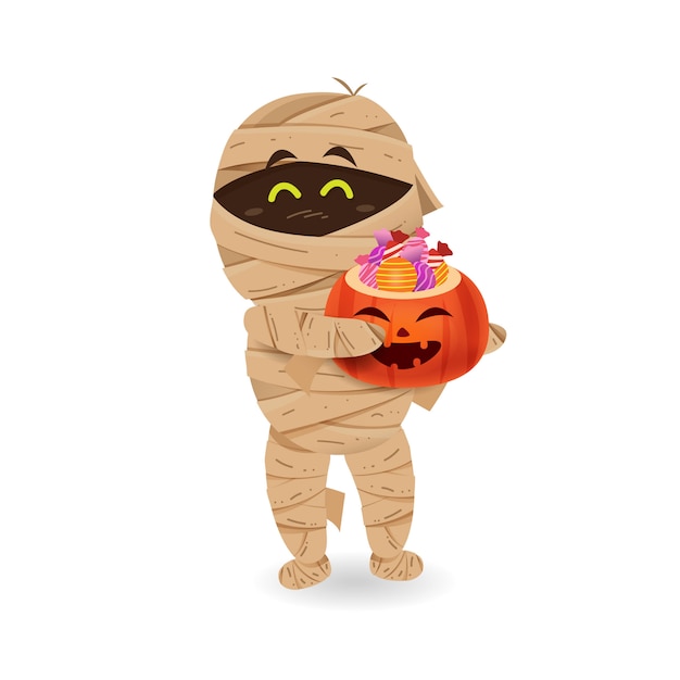 Halloween monster and ghost costume_Cute mummy carrying Halloween pumpkin bucket with candy with isolated 