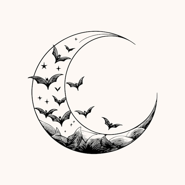 halloween moon illustration multiple small bat flying form a moon illustration