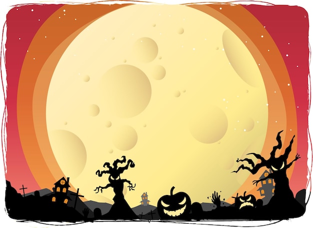 Halloween night background, pumpkins, and dark Silhouette trees with a spooky fall moon.