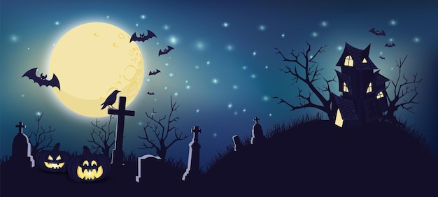 Halloween night background with pumpkins castle bats and full moon