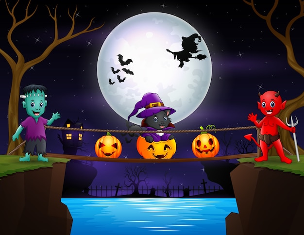 Halloween night background with red devil and frankenstein