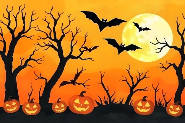 Vector halloween night background with tree pumpkin bat and grass halloween concept