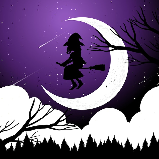 Halloween night background with witch silhouette