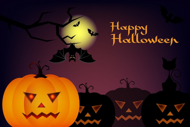 Halloween night blurred background with pumpkin and calligraphy inscription Happy Halloween. Vector illustration