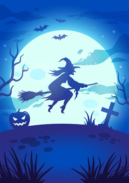 Halloween night illustration with big glowing moon, flying witch, pumpkin, grave and bats