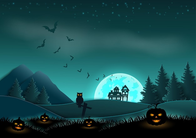 Halloween night landscape background on paper art style