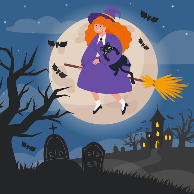 Vector halloween night landscape illustration with tombstones, witch on broomstick and full moon