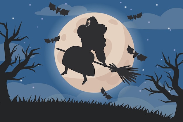 Halloween night landscape illustration with tombstones witch on broomstick and full moon