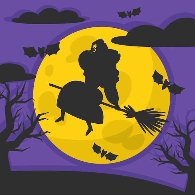 Halloween night landscape illustration with tombstones witch on broomstick and full moon