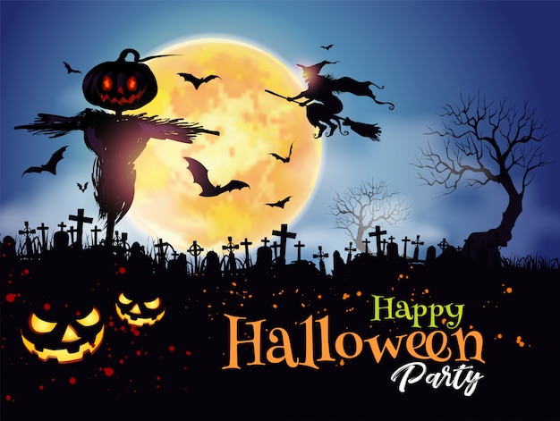 Halloween Night Mystery Graveyard background with Pumpkin 