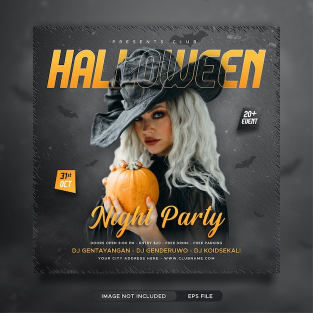 Vector halloween night party invitation social media square banner template