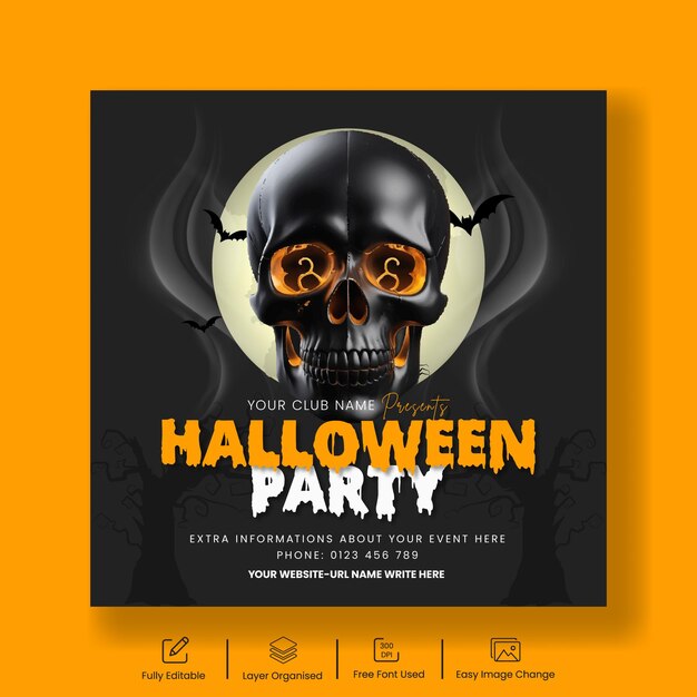 Vector halloween night party social media and instagram post banner template with 3d vector skull