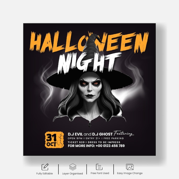 Vector halloween night party social media and instagram post or web banner template with 3d vector witch