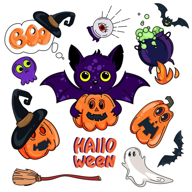 Vector halloween object elements set spooky elements for typography stickers icons web design vector