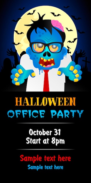 Halloween Office Party theme on blue background Halloween poster with zombie office worker