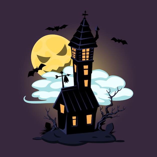 Halloween old house and moon. Vector design for prints, tshirts, party posters and banners