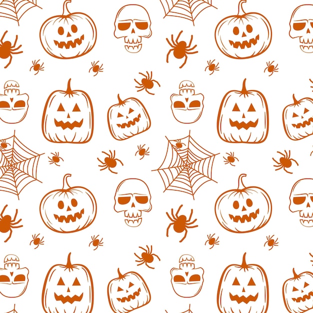 Halloween orange festive seamless pattern Endless background with pumpkins skulls bats spiders ghosts bones candies spider web