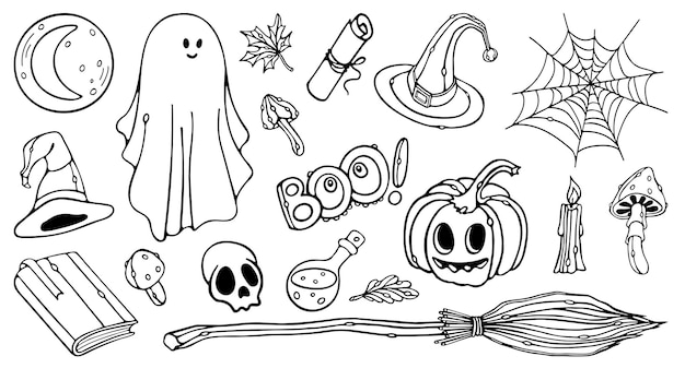 Halloween Outline Drawing Doodles Set Coloring book Premium Vector