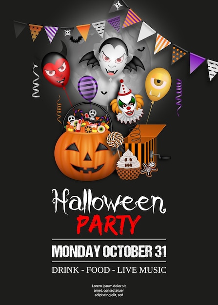 halloween paerty poster with pumpkin bucket with sweets and colorful balloons