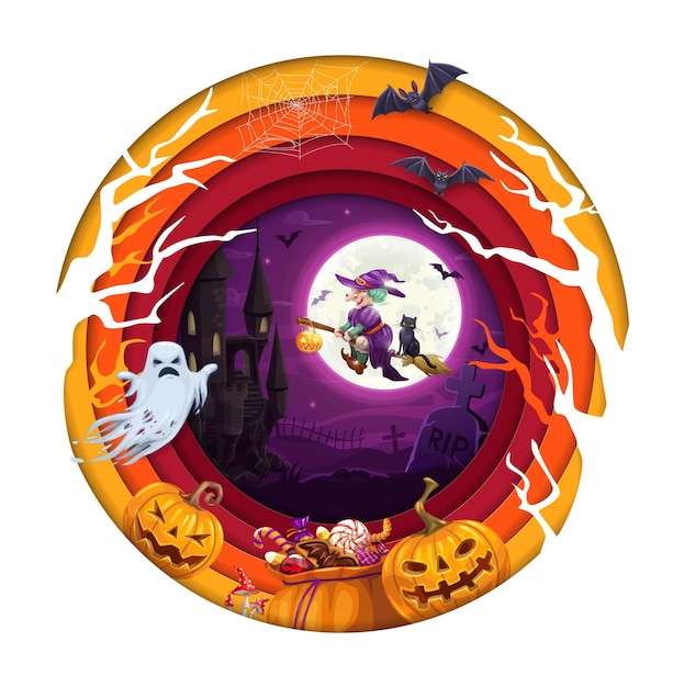 Halloween paper cut banner with midnight castle flying witch ghosts and pumpkins Vector holiday papercut double exposition design with 3d effect frame sweets hag on broom with cat at night sky