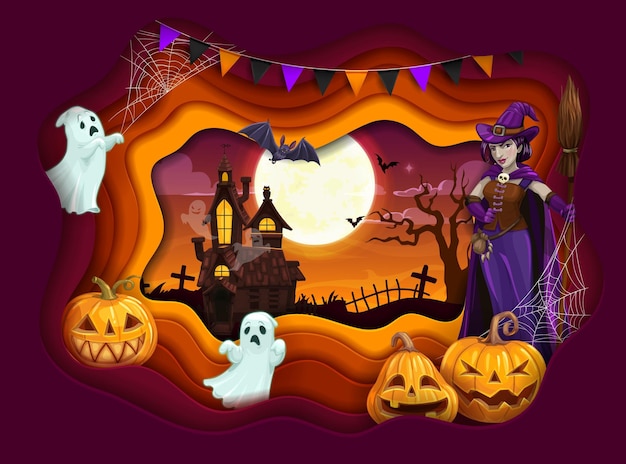 Halloween paper cut cartoon witch pumpkin ghosts