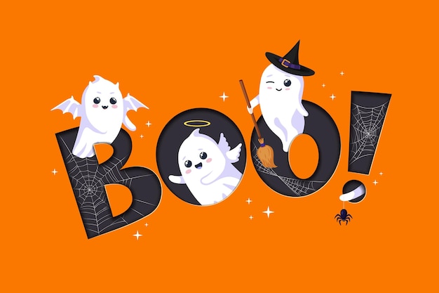 Vector halloween paper cut greetings with quote boo and kawaii ghost characters vector banner halloween holiday horror night and trick or treat party with cute funny ghost angel in witch hat with broom