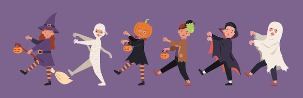 Halloween parade, children in monster costume walking together.  illustration in a flat style