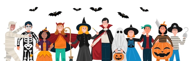 Halloween party background, Kids in Halloween costumes. Vector