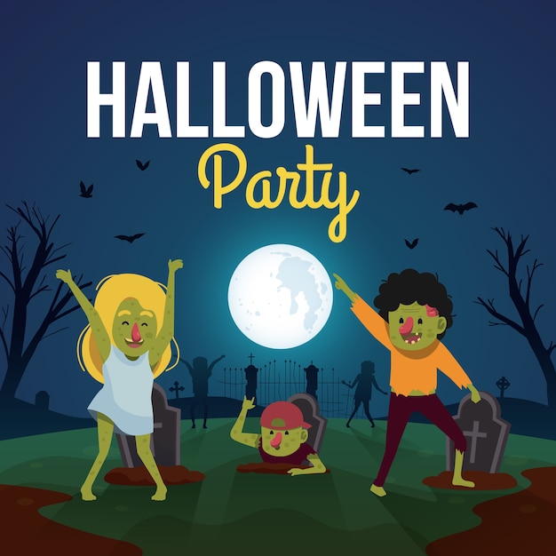 Halloween party background with cute zombies dancing