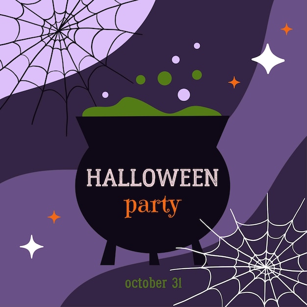 Halloween party card design with boiling cauldron, spiderweb, stars. Helloween square postcard