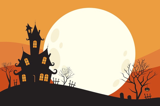 Vector halloween party card template - spooky castle, dead trees, full moon with orange background vector i