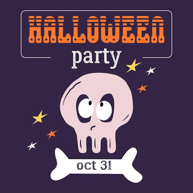 Halloween Party design template with funny skull. Colorful vector illustration for poster, card