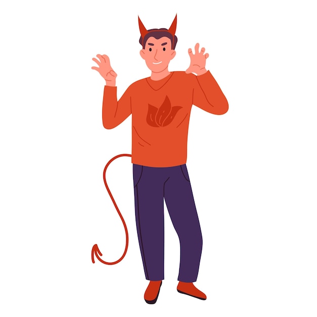 Halloween party devil costume Man wearing funny devil masquerade costume Halloween holiday party celebration flat vector illustration