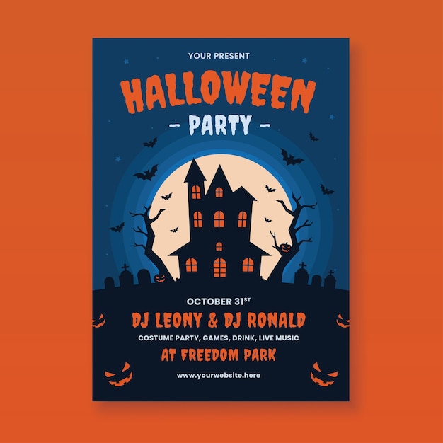 Vector halloween party flyer template with haunted house and scary pumpkin