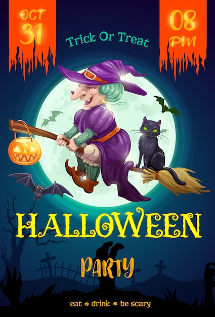 Halloween party flyer, witch on broom with black cat and pumpkin lantern, bats flying on night cemetery with zombie hand and tombstone on full moon cartoon background. Halloween invitation card