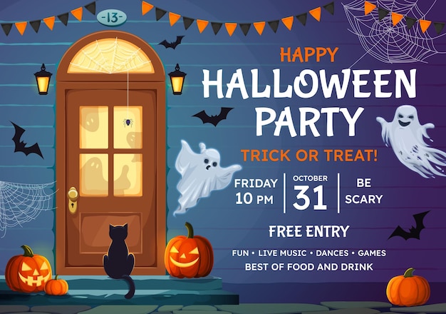 Halloween party flyer with black cat sit on porch