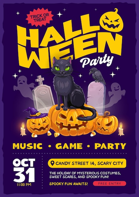 Halloween party flyer with eerie pumpkins and cat