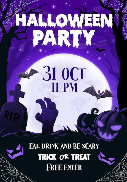 Halloween party flyer with zombie hand flying bats trees and eerie pumpkins on cemetery with tombstones and moon Vector invitation for horror night trick or treat or costume party entertainment