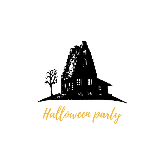 Halloween Party hand lettering Vector illustration of sinister house Design concept for party invitation poster