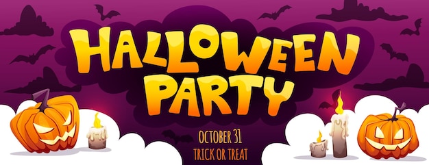 Halloween party Invitation Banner Flyer or poster with dark background pumpkins candles bats