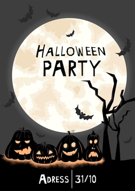 Halloween party invitation brochure with scary funny pumpkin silhouettes and big bright moon