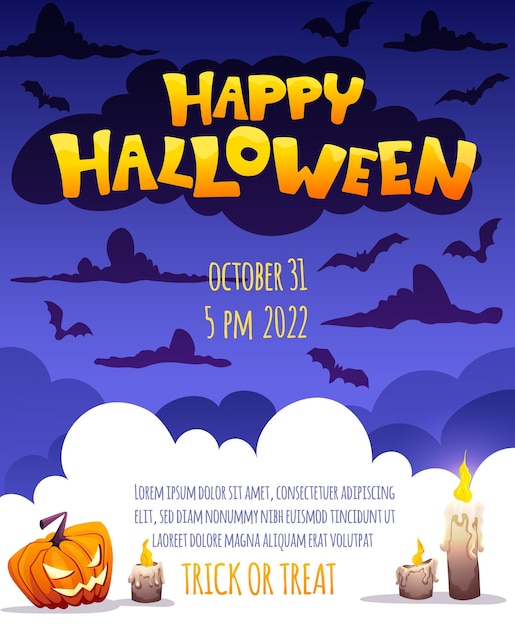 Halloween party Invitation Card Flyer or poster with dark background pumpkins candles bats