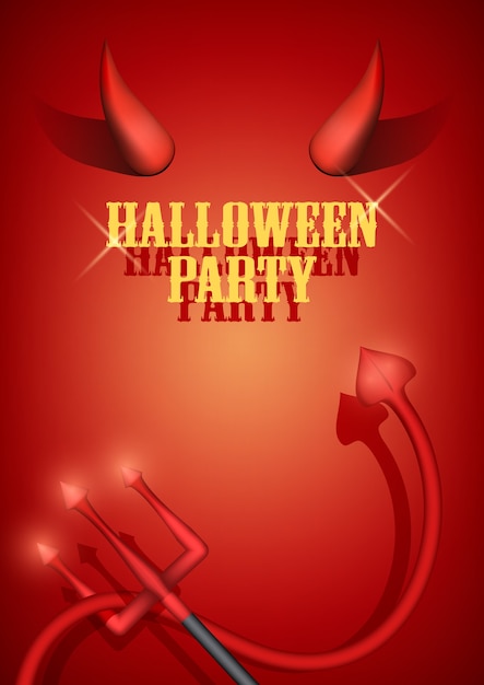 Halloween Party Invitation with devil horns, tail and fork. .