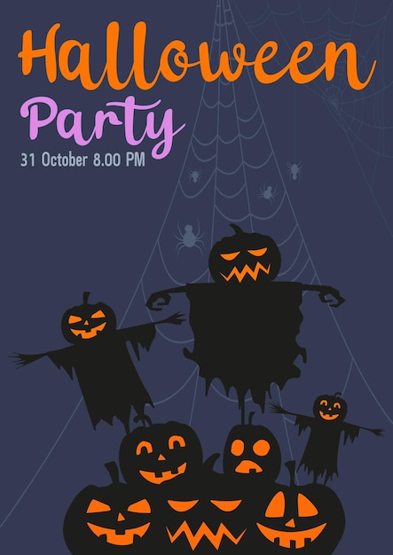 Halloween party invitation with scary pumpkins and zombie hands Happy Halloween holiday Poster or banner and web banner with spider web scary potion on black and dark blue background for school